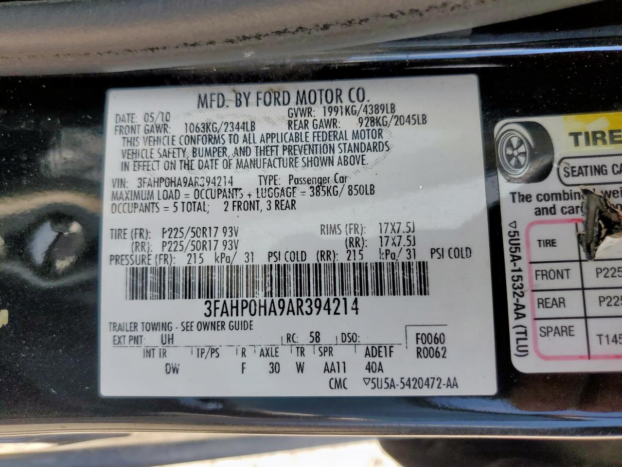 2010 Ford Fusion Se VIN: 3FAHP0HA9AR394214 Lot: 65630065