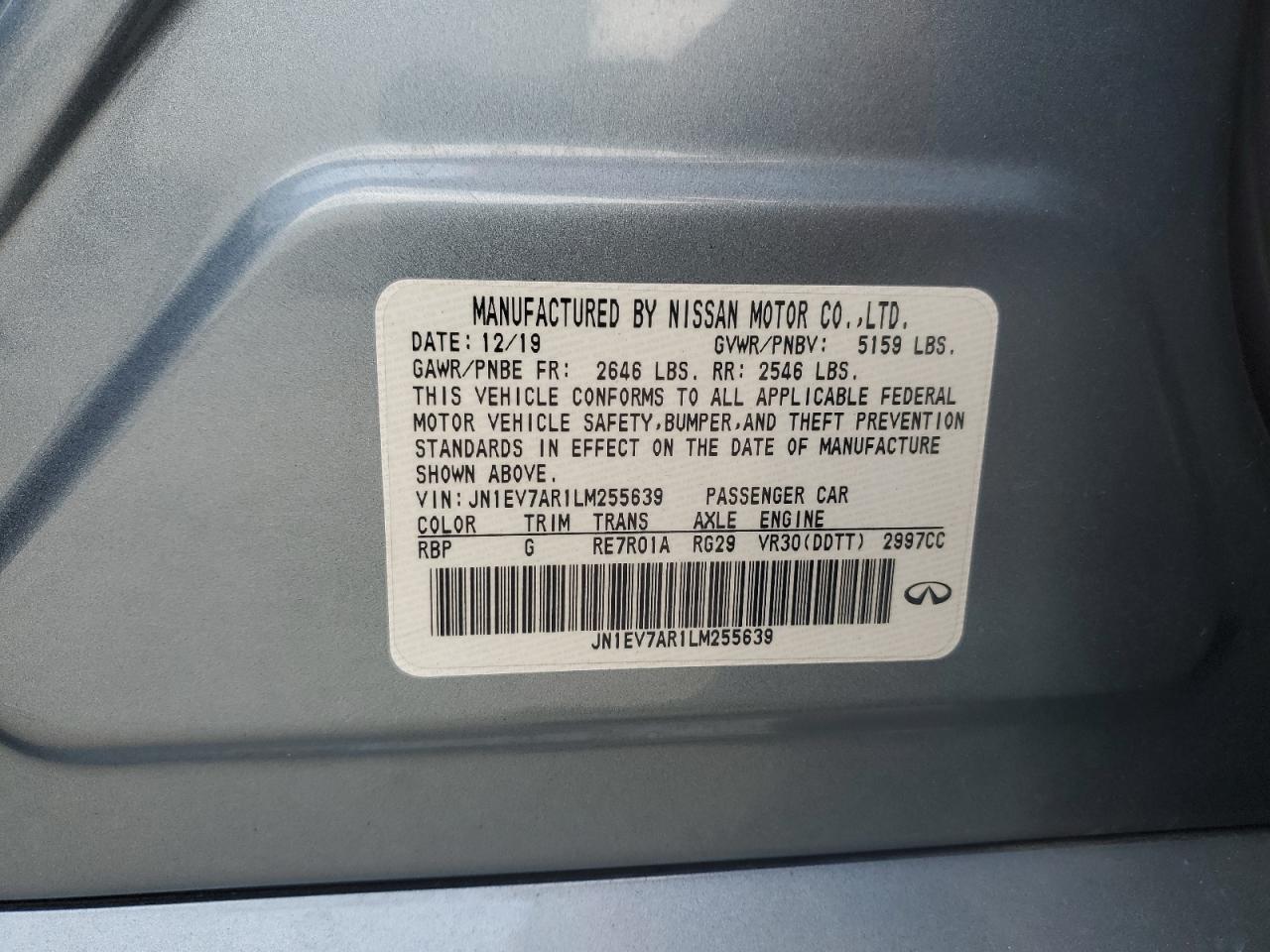 2020 Infiniti Q50 Pure VIN: JN1EV7AR1LM255639 Lot: 67026805