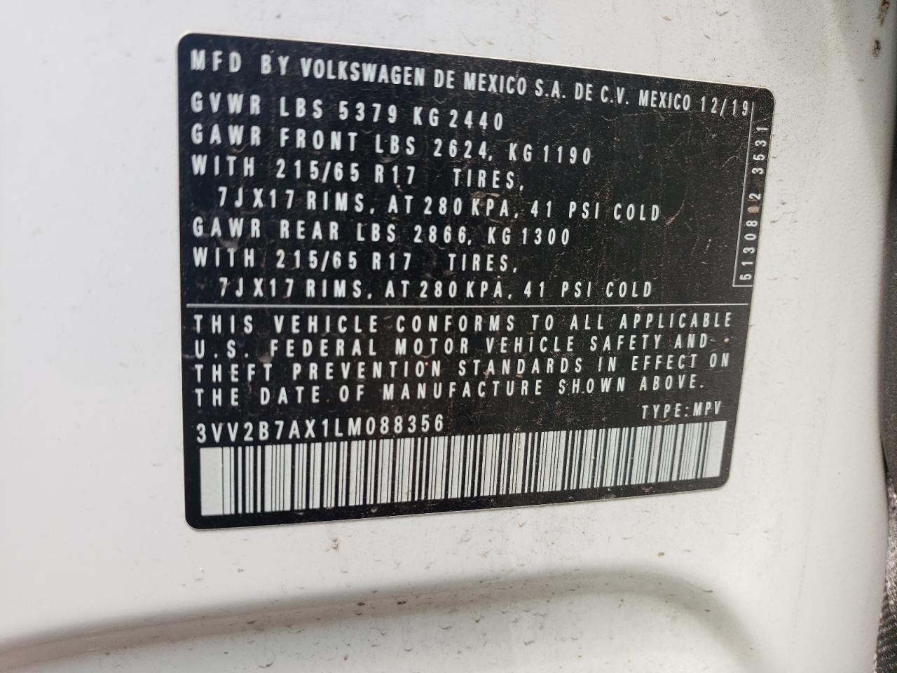 2020 Volkswagen Tiguan Se VIN: 3VV2B7AX1LM088356 Lot: 63777815