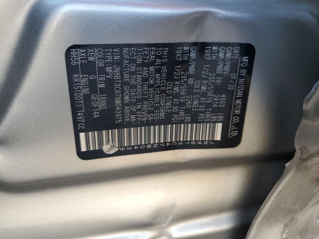 2022 Nissan Rogue Sl VIN: JN8BT3CA7NW043975 Lot: 65050705