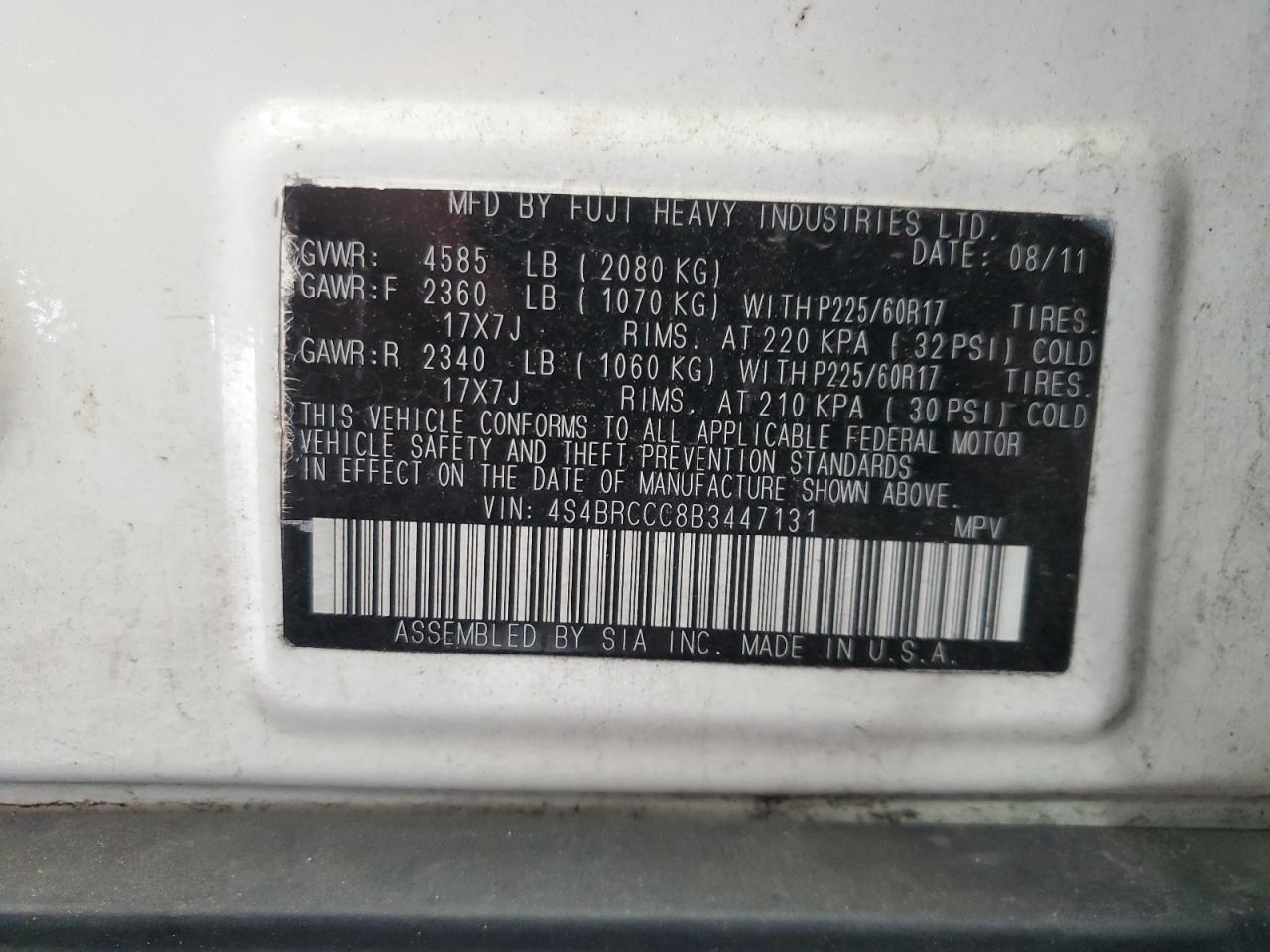 2011 Subaru Outback 2.5I Premium VIN: 4S4BRCCC8B3447131 Lot: 63596205