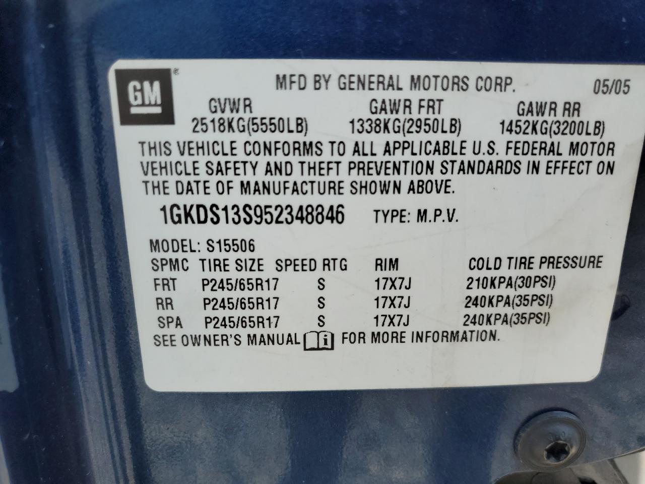 2005 GMC Envoy VIN: 1GKDS13S952348846 Lot: 66346105