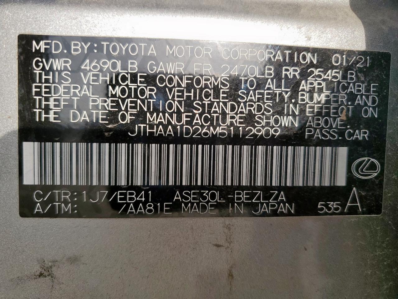 2021 Lexus Is 300 VIN: JTHAA1D26M5112909 Lot: 65424005