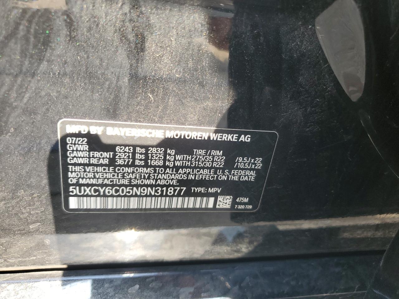 2022 BMW X6 xDrive40I VIN: 5UXCY6C05N9N31877 Lot: 65156175