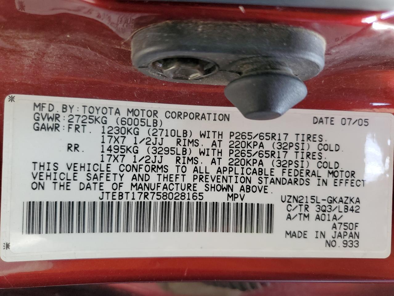 2005 Toyota 4Runner Limited VIN: JTEBT17R758028165 Lot: 65469745