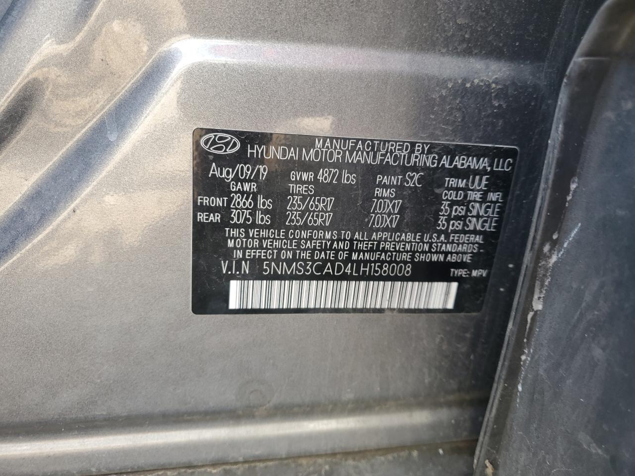 2020 Hyundai Santa Fe Sel VIN: 5NMS3CAD4LH158008 Lot: 66413405