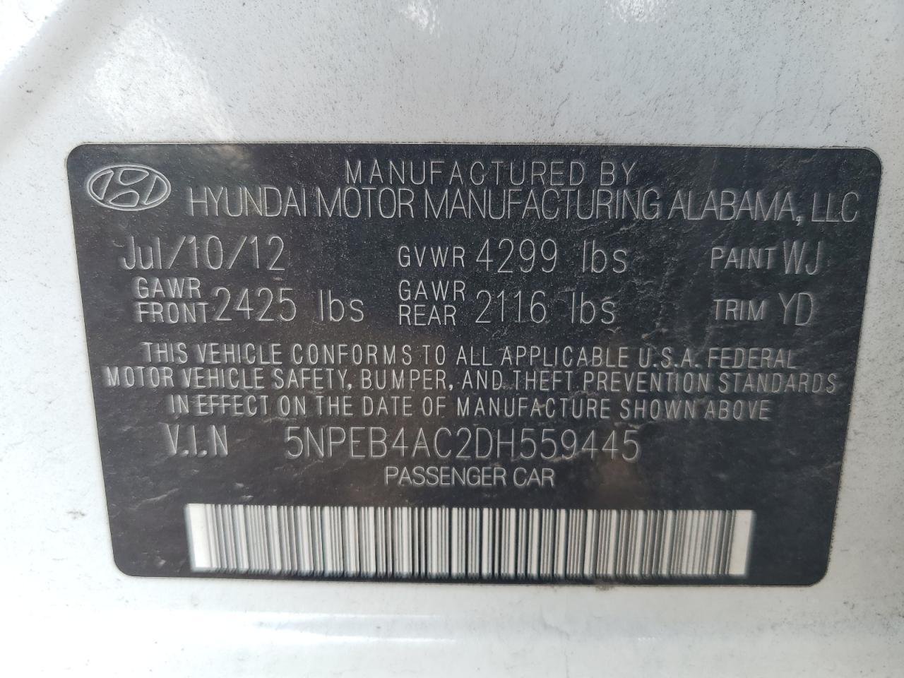 2013 Hyundai Sonata Gls VIN: 5NPEB4AC2DH559445 Lot: 64024865