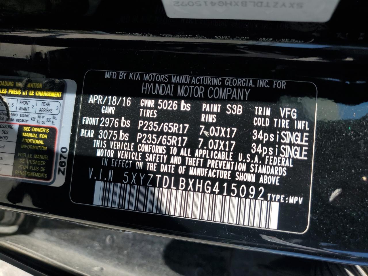 2017 Hyundai Santa Fe Sport VIN: 5XYZTDLBXHG415092 Lot: 65322555