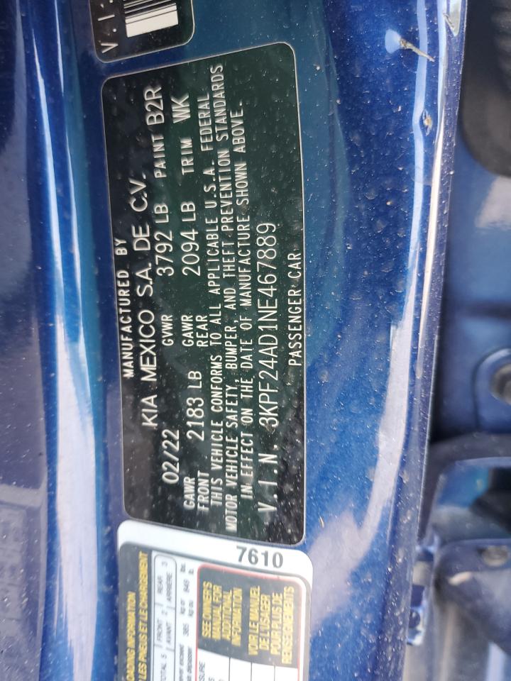 2022 Kia Forte Fe VIN: 3KPF24AD1NE467889 Lot: 65408765