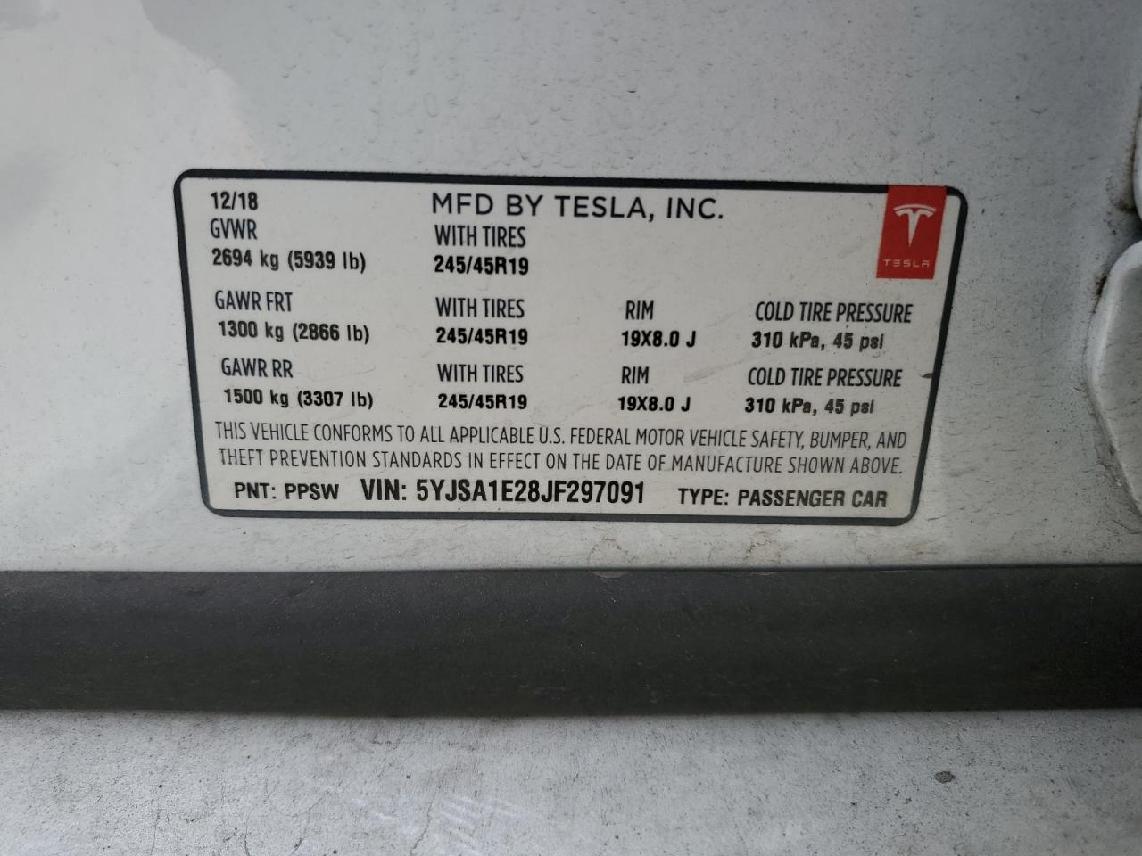 2018 Tesla Model S VIN: 5YJSA1E28JF297091 Lot: 64700485