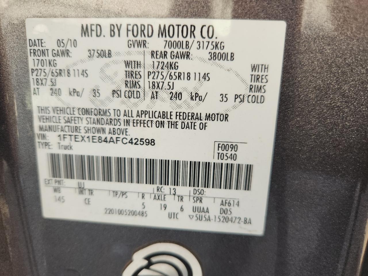 2010 Ford F150 Super Cab VIN: 1FTEX1E84AFC42598 Lot: 64760785