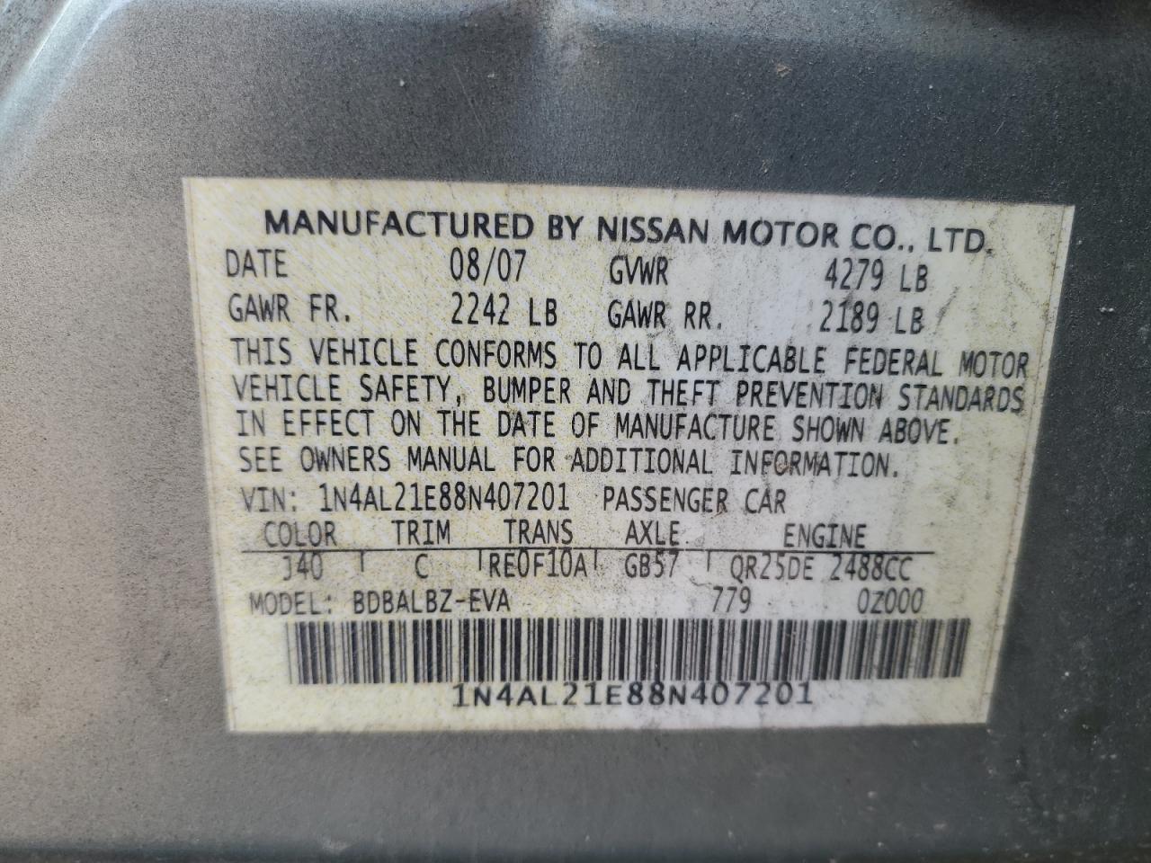 2008 Nissan Altima 2.5 VIN: 1N4AL21E88N407201 Lot: 64750085