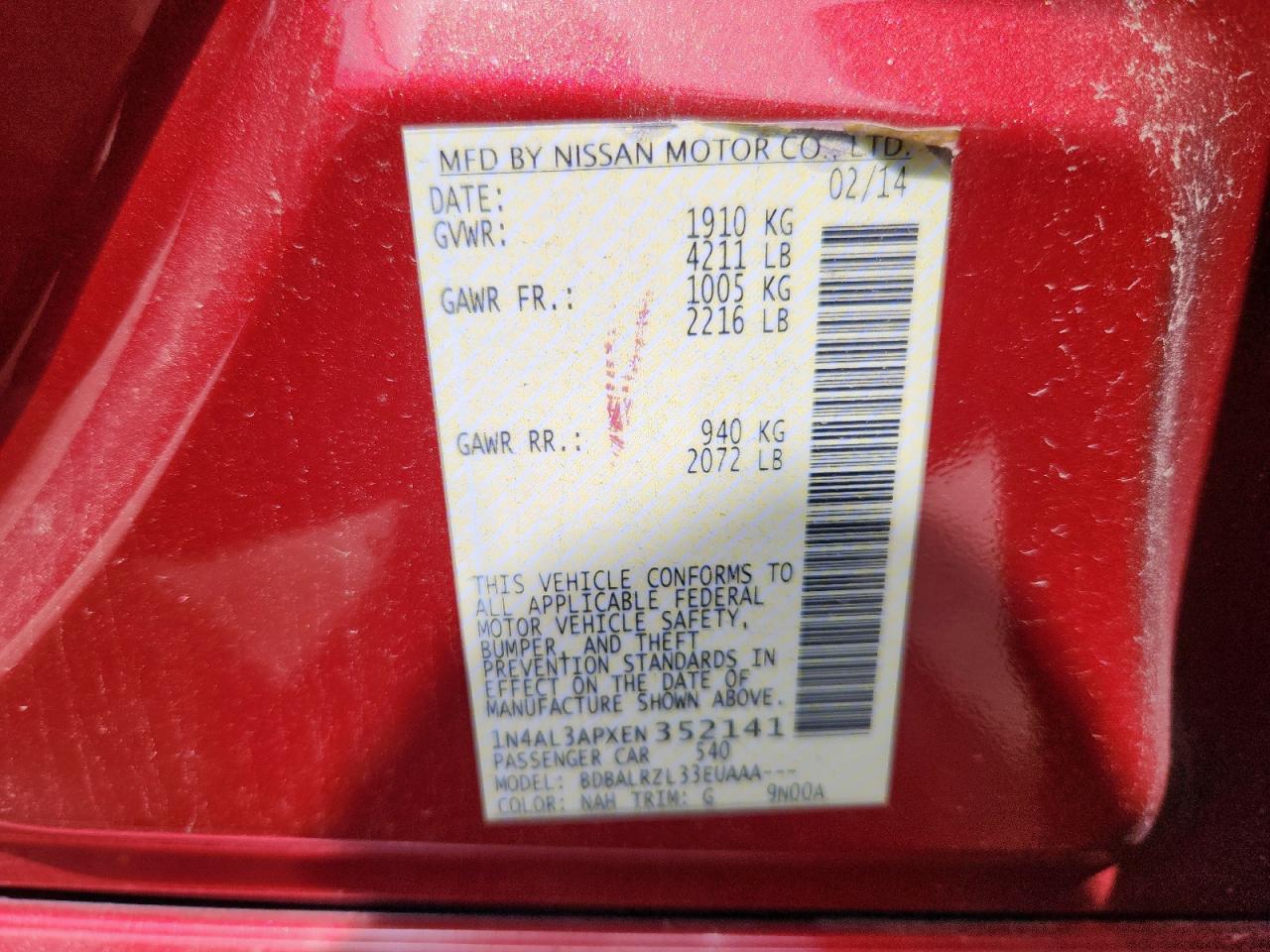 2014 Nissan Altima 2.5 VIN: 1N4AL3APXEN352141 Lot: 63328885