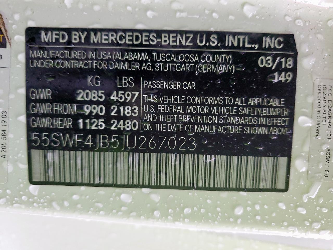 2018 Mercedes-Benz C 300 VIN: 55SWF4JB5JU267023 Lot: 63018255