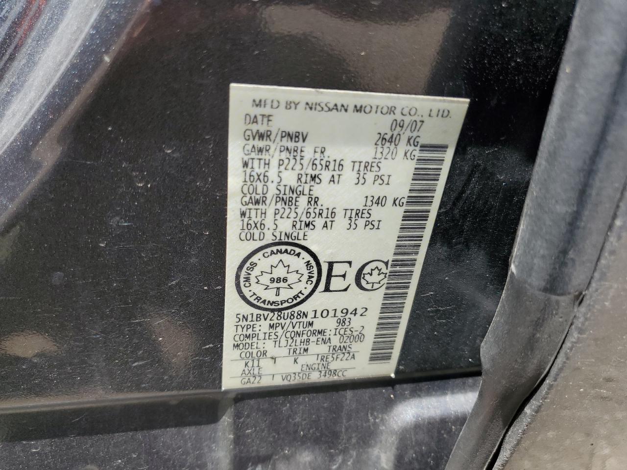 2008 Nissan Quest S VIN: 5N1BV28U88N101942 Lot: 64099605