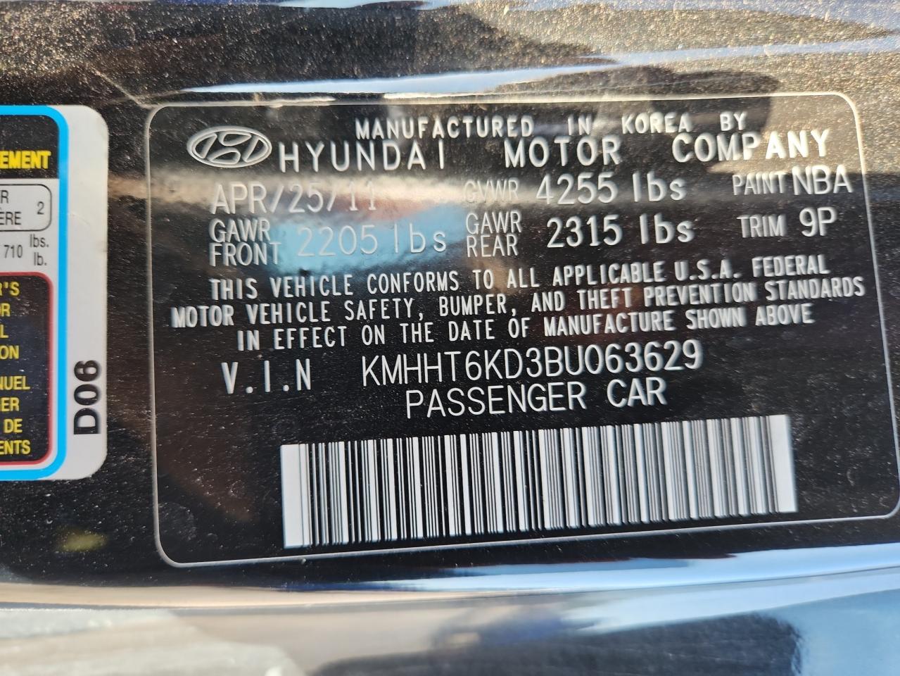 2011 Hyundai Genesis Coupe 2.0T VIN: KMHHT6KD3BU063629 Lot: 64119705
