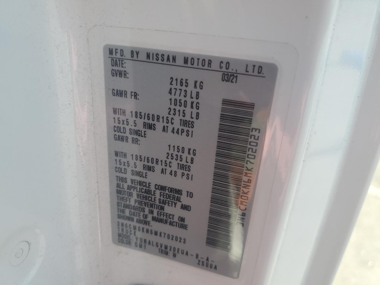 2021 Nissan Nv200 2.5S VIN: 3N6CM0KN6MK702023 Lot: 62843585