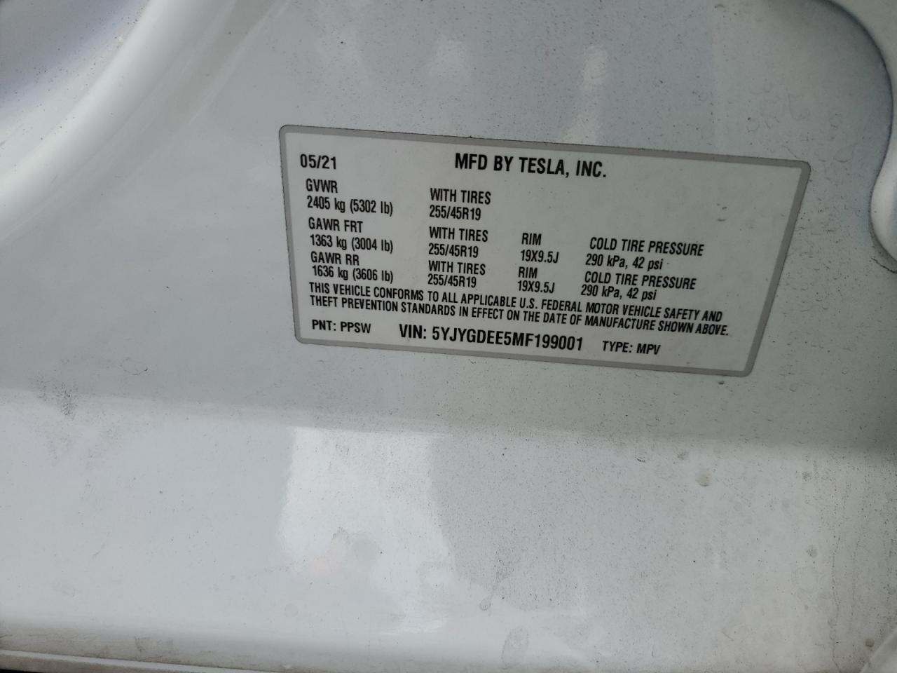 2021 Tesla Model Y VIN: 5YJYGDEE5MF199001 Lot: 64084365
