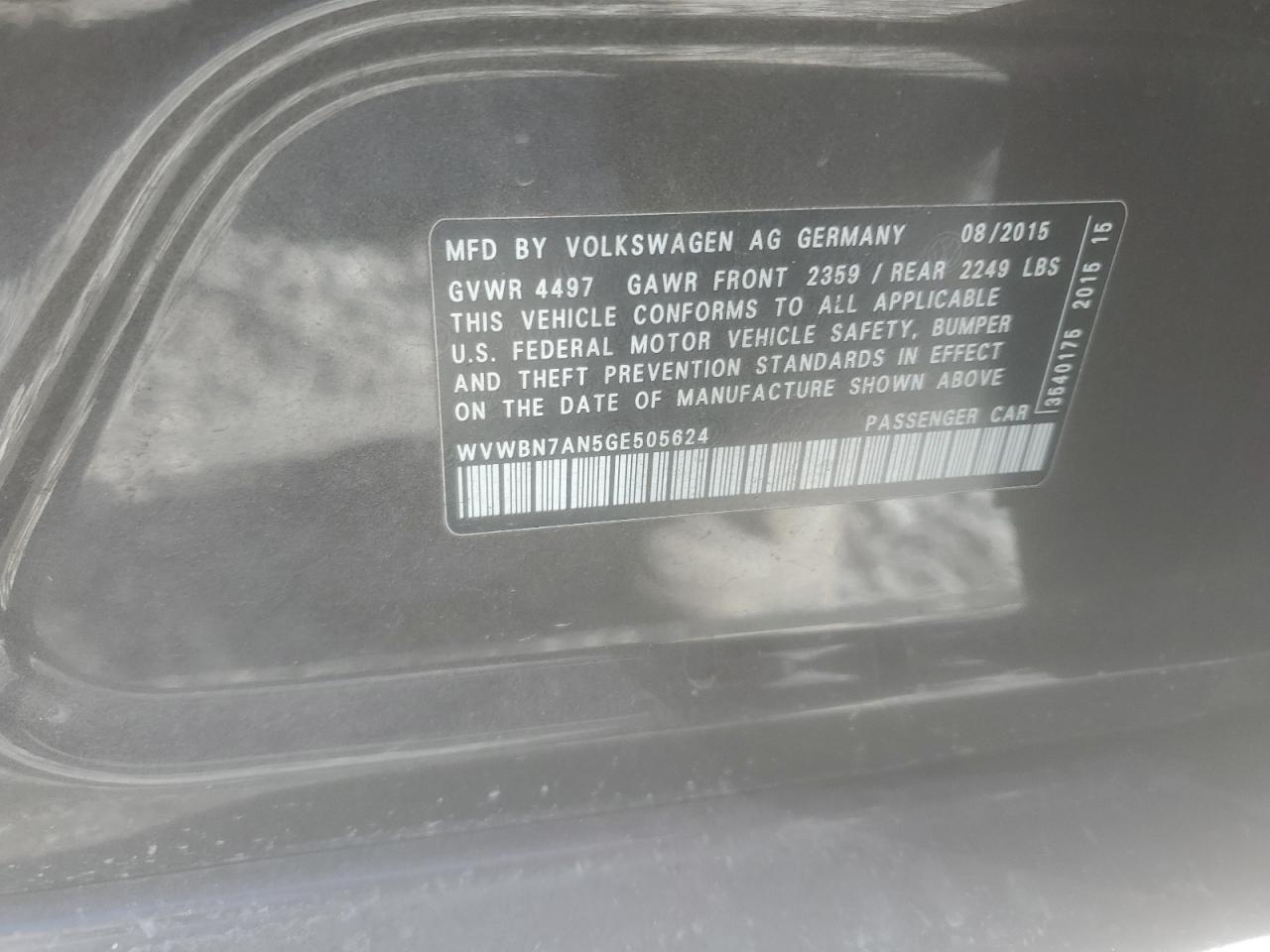 2016 Volkswagen Cc Base VIN: WVWBN7AN5GE505624 Lot: 64287115