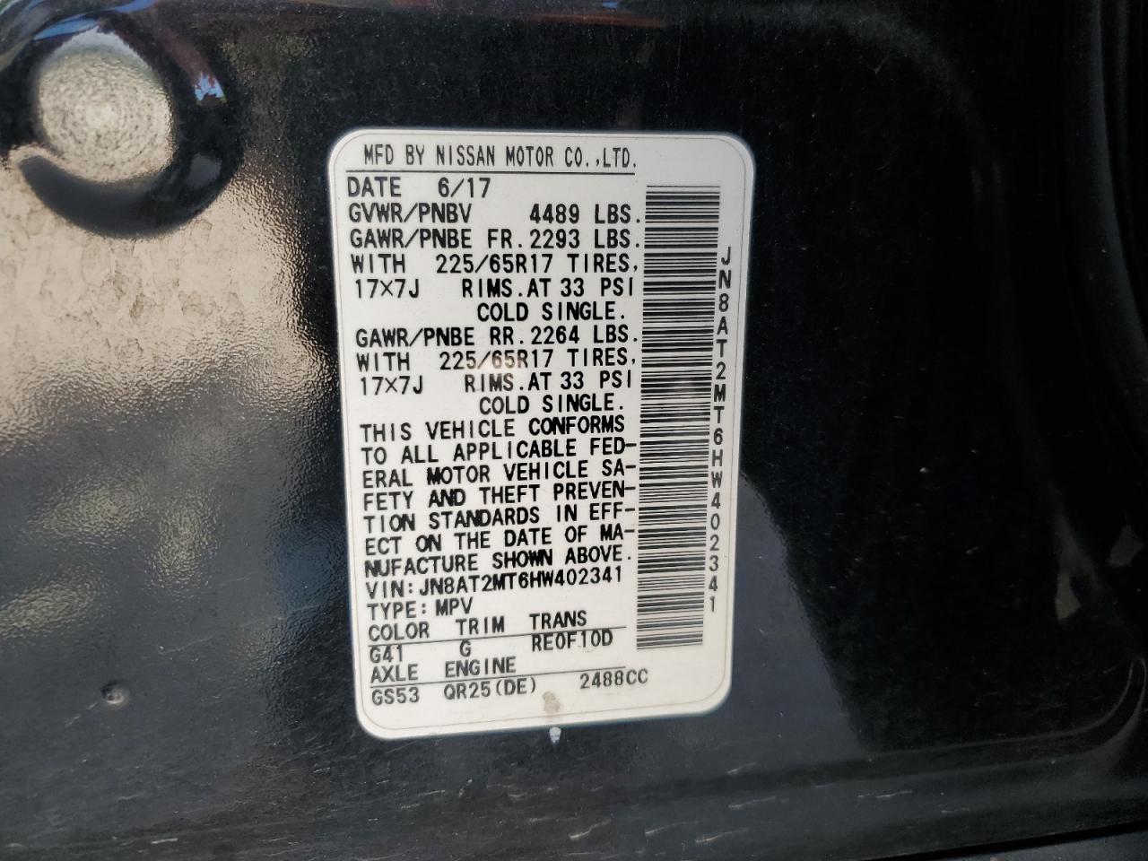 2017 Nissan Rogue S VIN: JN8AT2MT6HW402341 Lot: 64939035