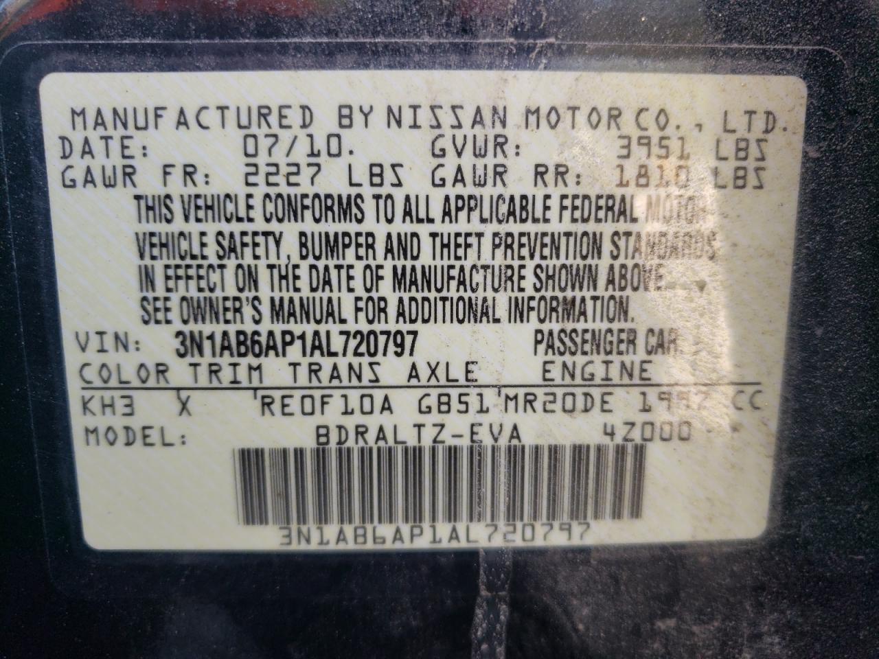 2010 Nissan Sentra 2.0 VIN: 3N1AB6AP1AL720797 Lot: 64866565