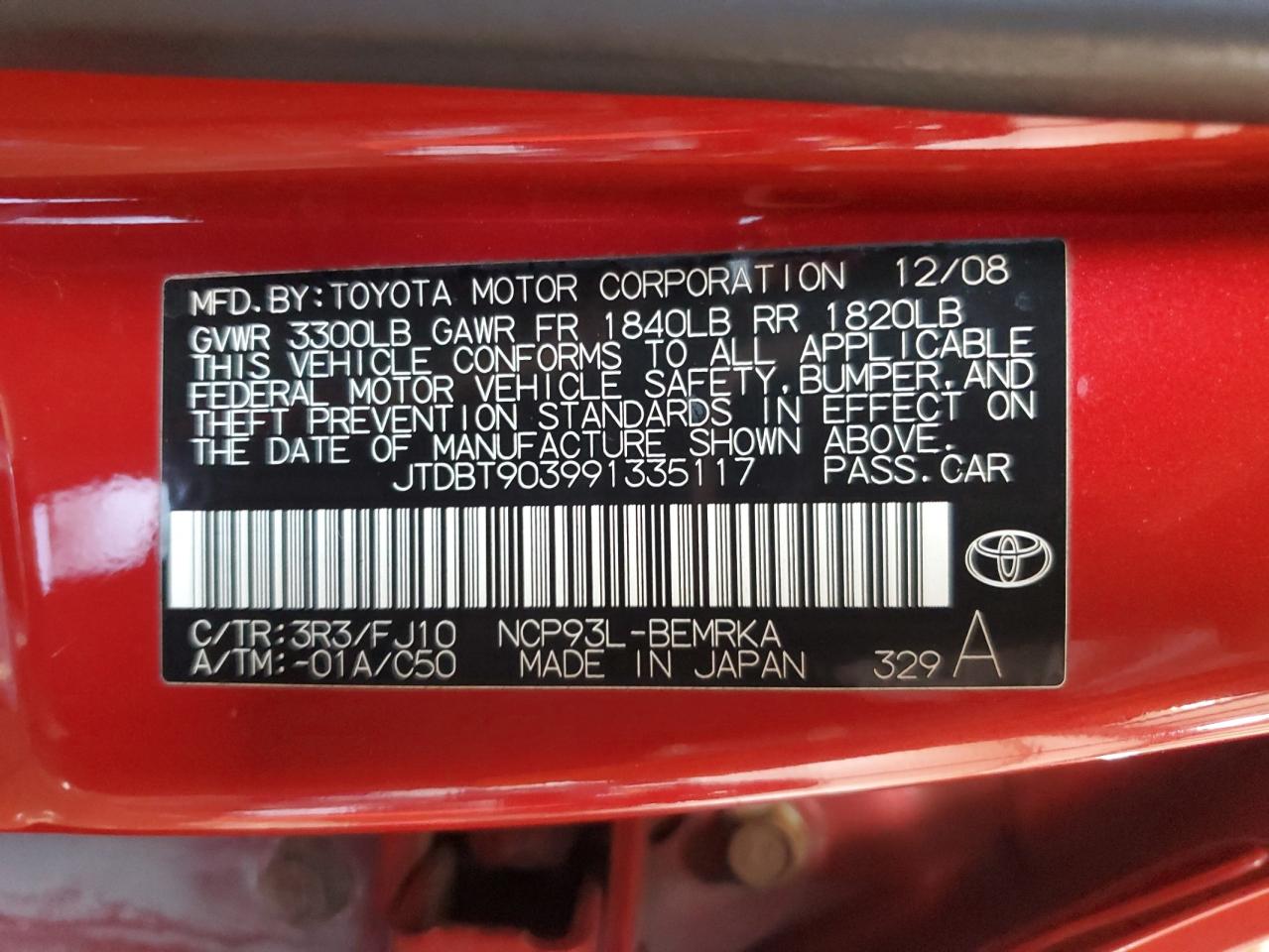 2009 Toyota Yaris VIN: JTDBT903991335117 Lot: 63685095