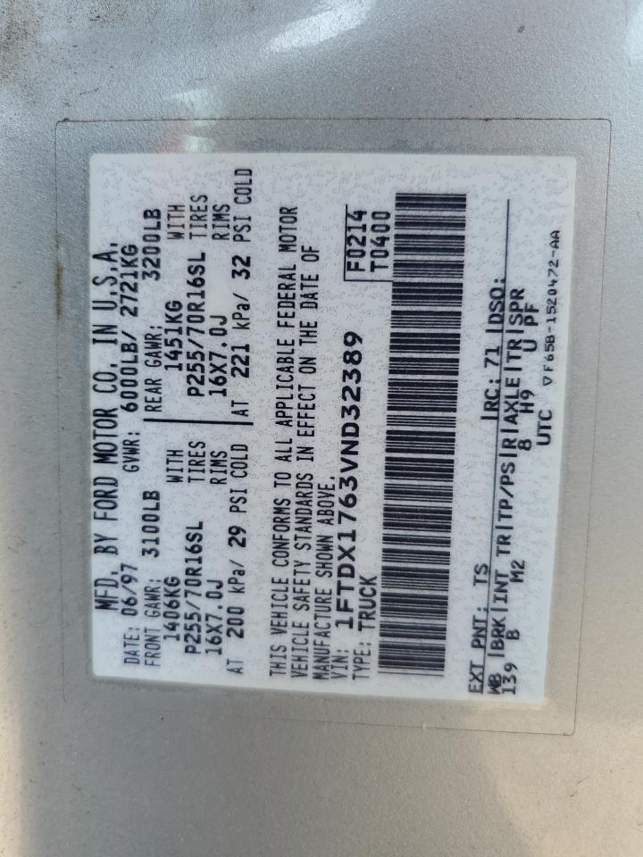 1997 Ford F150 VIN: 1FTDX1763VND32389 Lot: 64757565