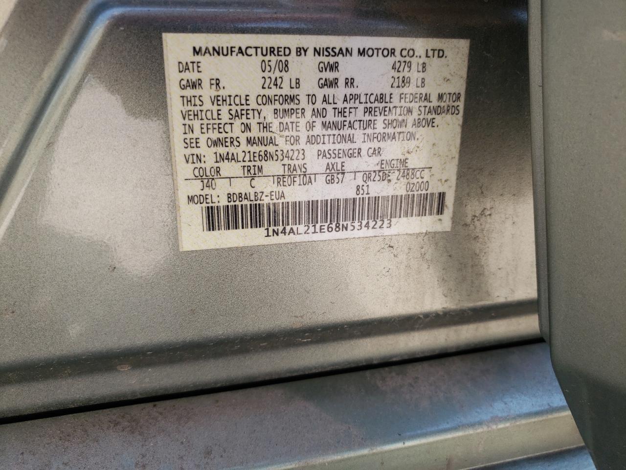 2008 Nissan Altima 2.5 VIN: 1N4AL21E68N534223 Lot: 64791715