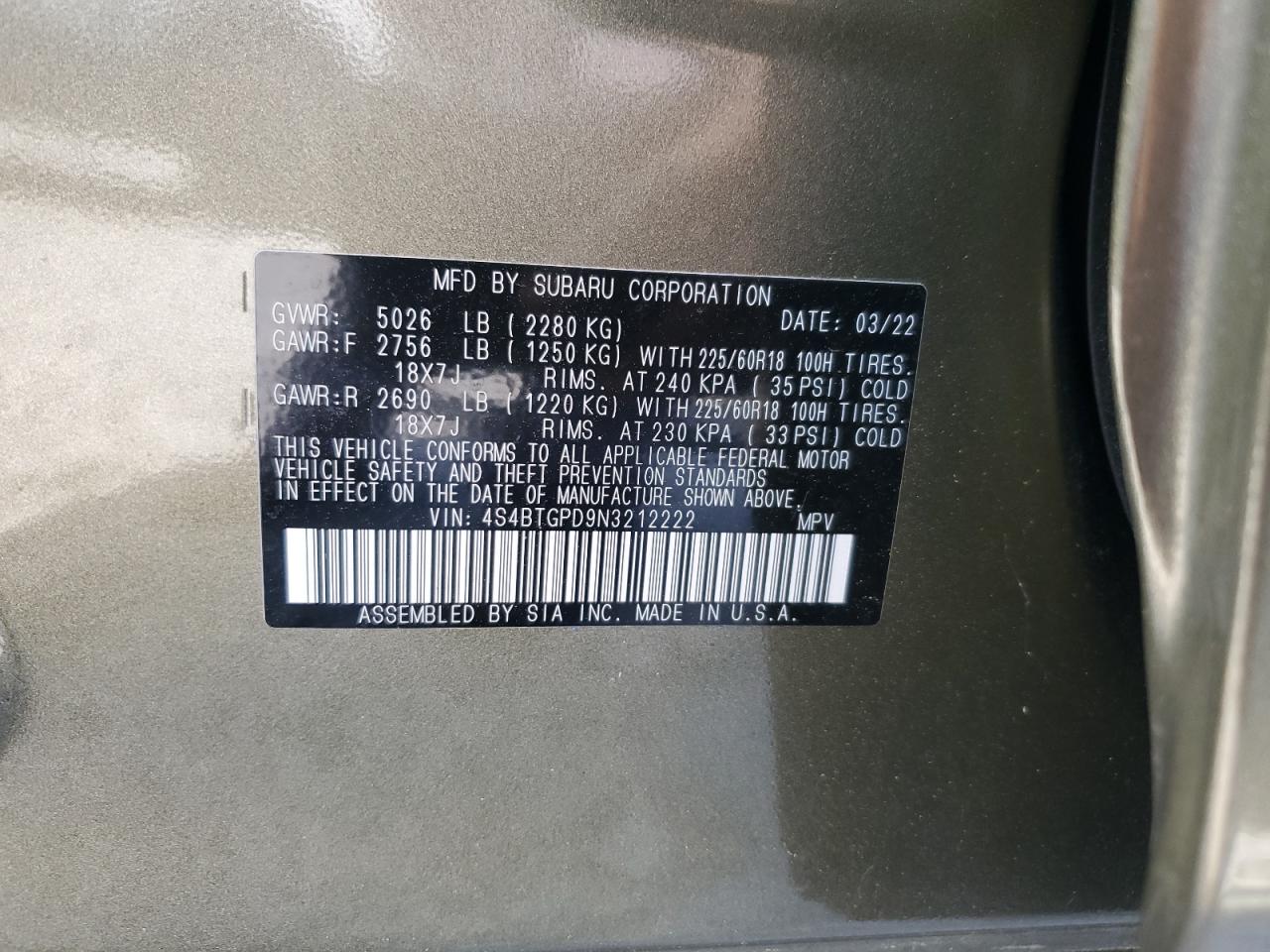 2022 Subaru Outback Touring VIN: 4S4BTGPD9N3212222 Lot: 65125895