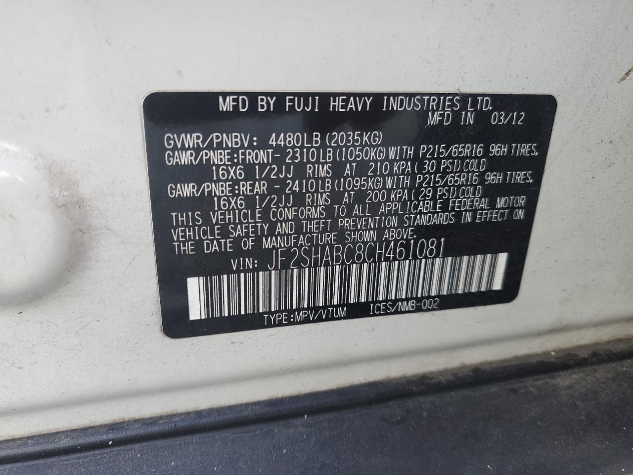 2012 Subaru Forester 2.5X VIN: JF2SHABC8CH461081 Lot: 64256955