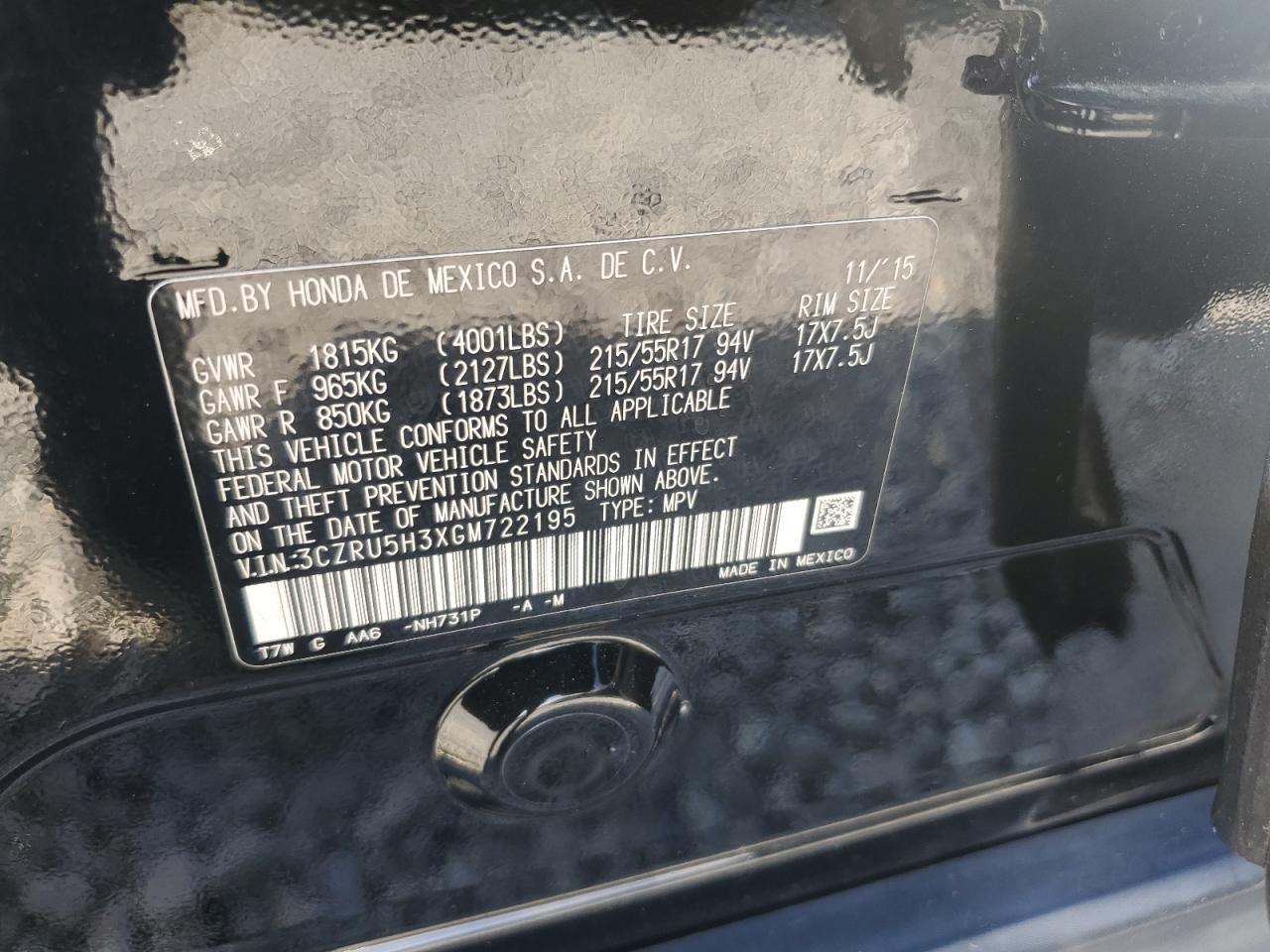 2016 Honda Hr-V Lx VIN: 3CZRU5H3XGM722195 Lot: 63784485