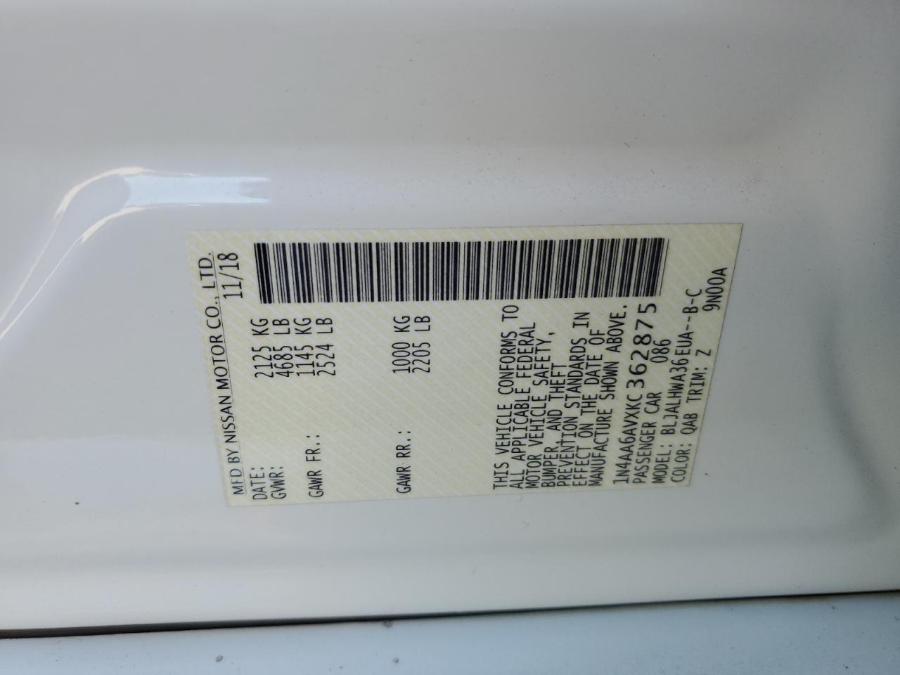 1N4AA6AVXKC362875 2019 Nissan Maxima S