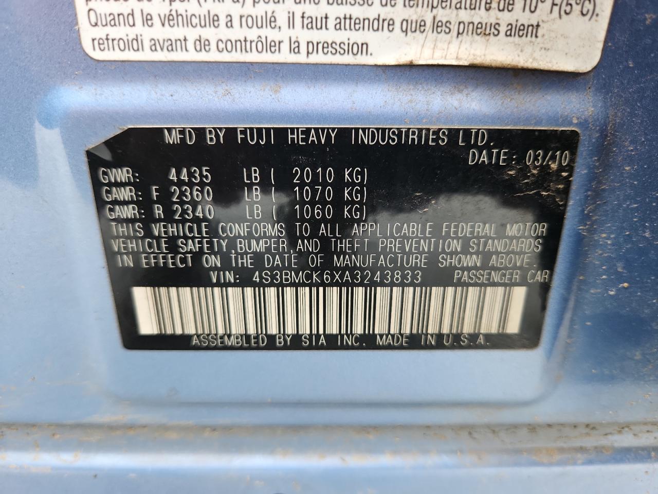 2010 Subaru Legacy 2.5I Limited VIN: 4S3BMCK6XA3243833 Lot: 65880155