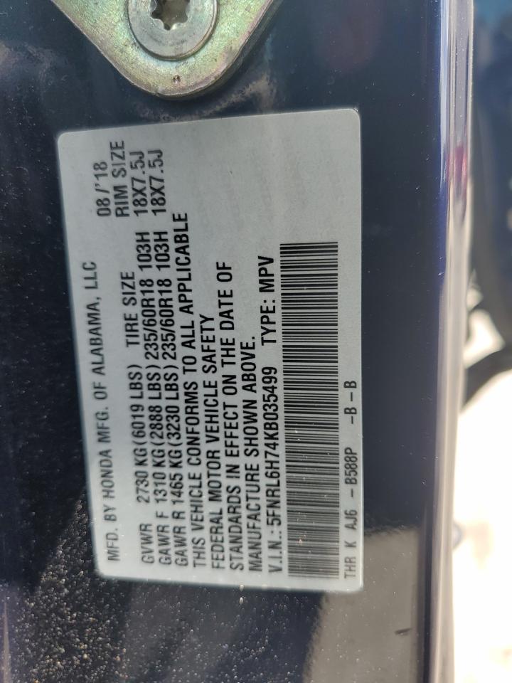 2019 Honda Odyssey Exl VIN: 5FNRL6H74KB035499 Lot: 65283755