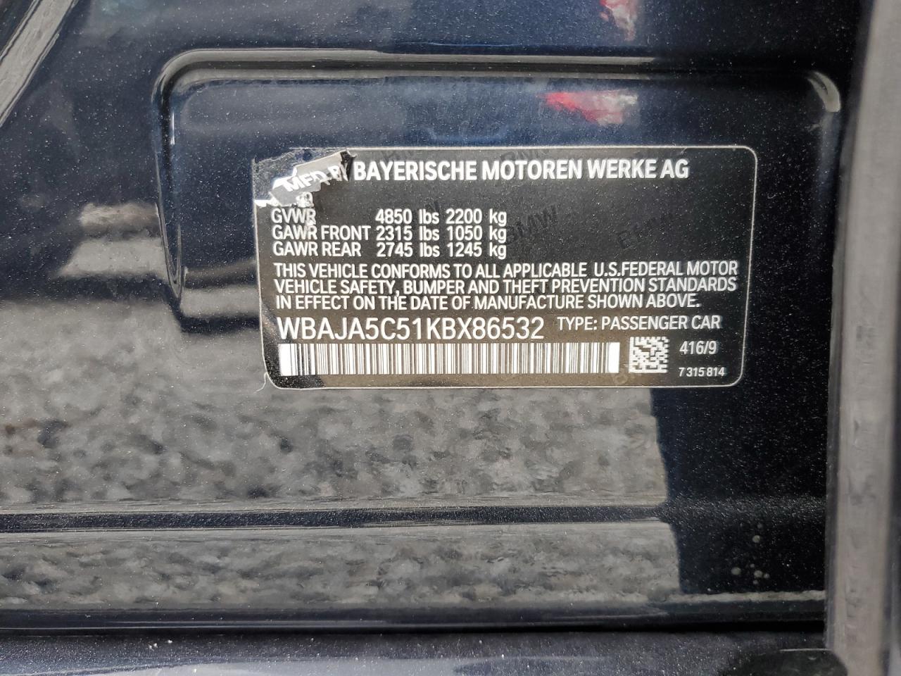 2019 BMW 530 I VIN: WBAJA5C51KBX86532 Lot: 64394505