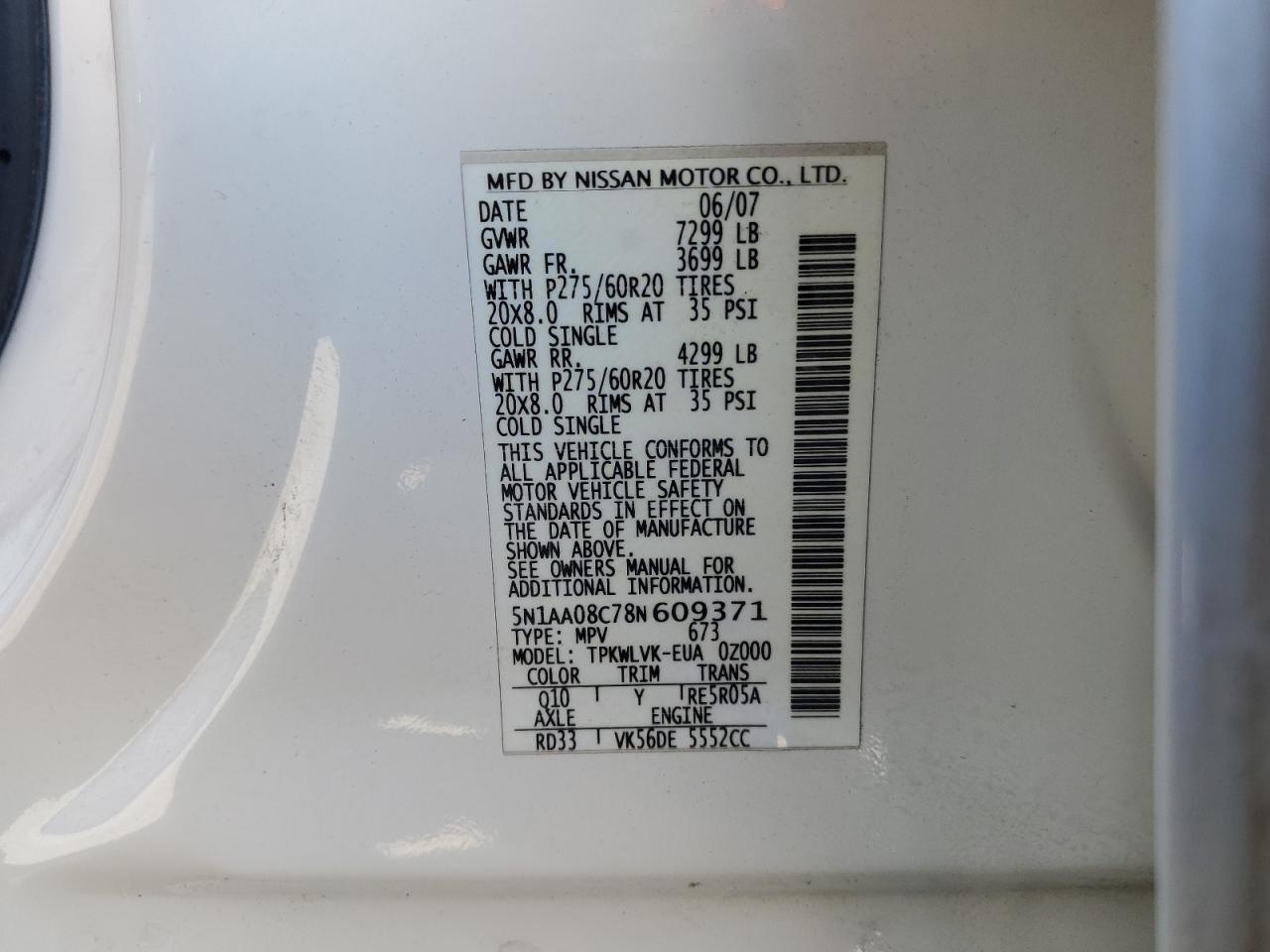 2008 Nissan Armada Se VIN: 5N1AA08C78N609371 Lot: 64593475