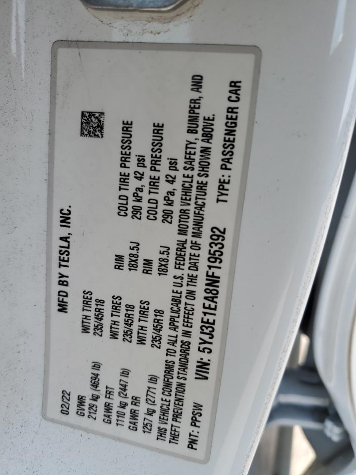 2022 Tesla Model 3 VIN: 5YJ3E1EA8NF195392 Lot: 64115915