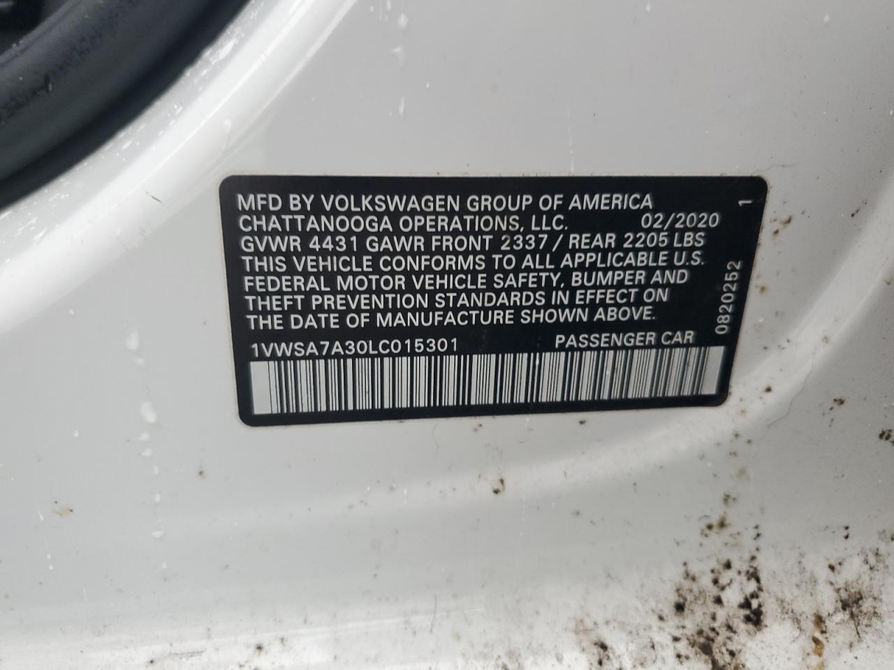 2020 Volkswagen Passat Se VIN: 1VWSA7A30LC015301 Lot: 65016305