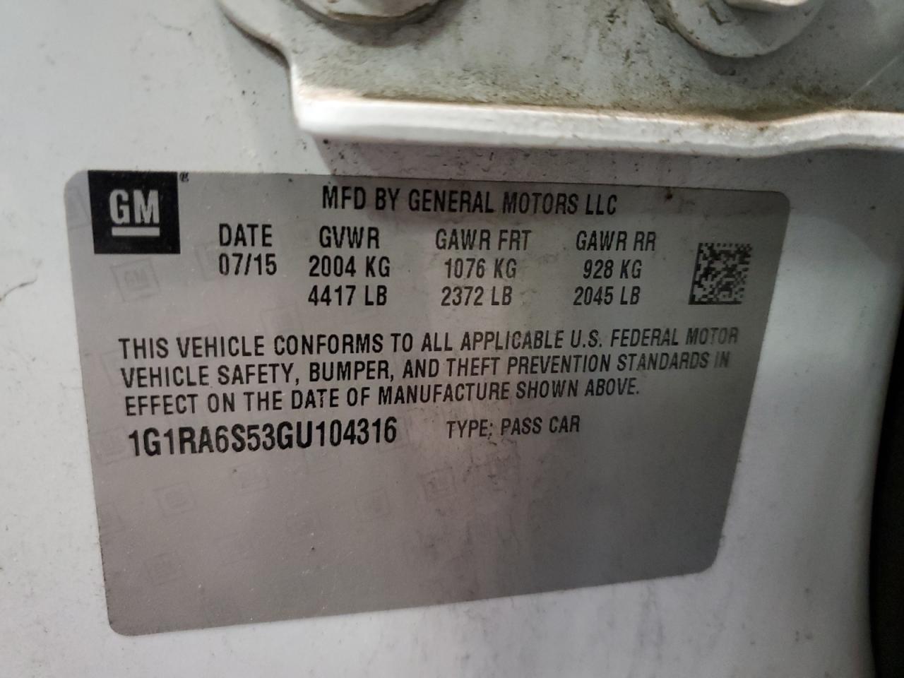 2016 Chevrolet Volt Lt VIN: 1G1RA6S53GU104316 Lot: 61769975