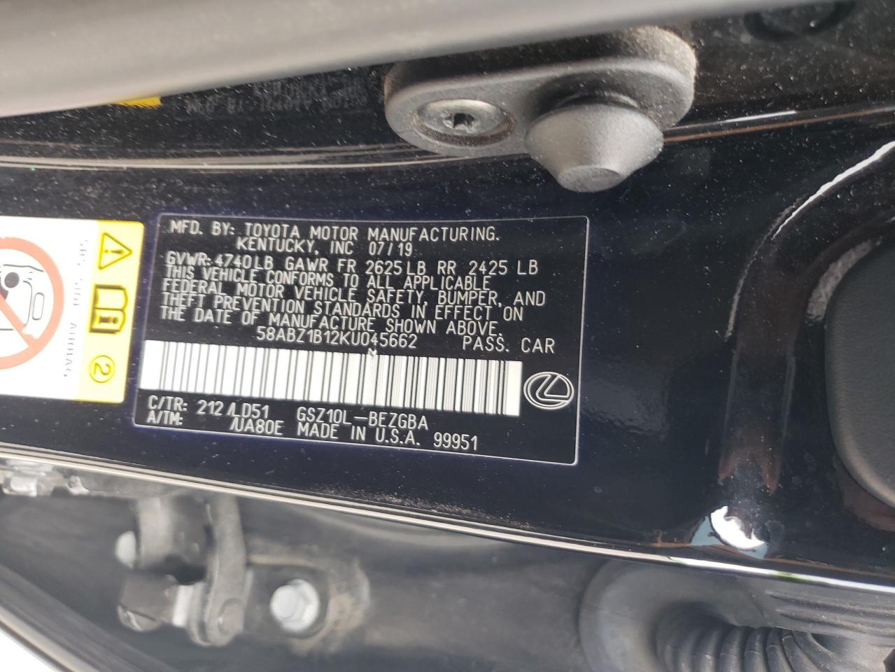 2019 Lexus Es 350 VIN: 58ABZ1B12KU045662 Lot: 65247055