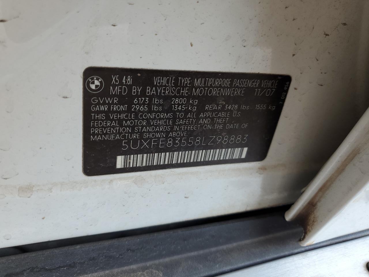 2008 BMW X5 4.8I VIN: 5UXFE83558LZ98883 Lot: 65076975