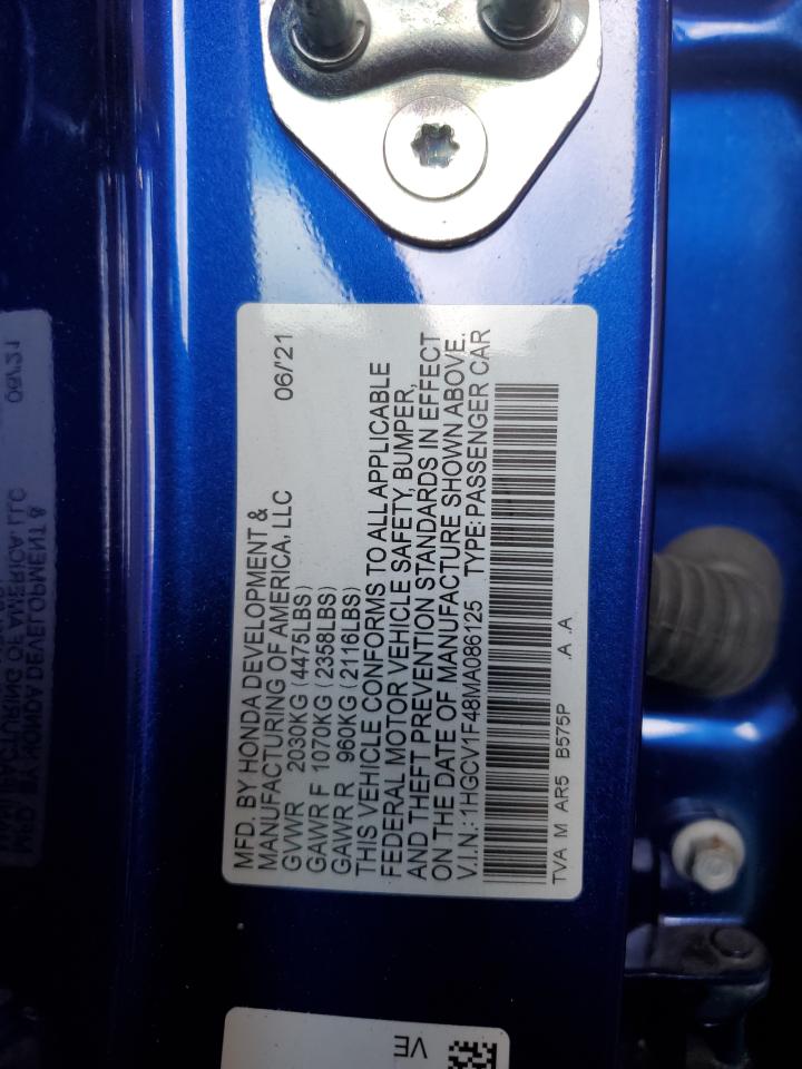 2021 Honda Accord Sport Se VIN: 1HGCV1F48MA086125 Lot: 66339255