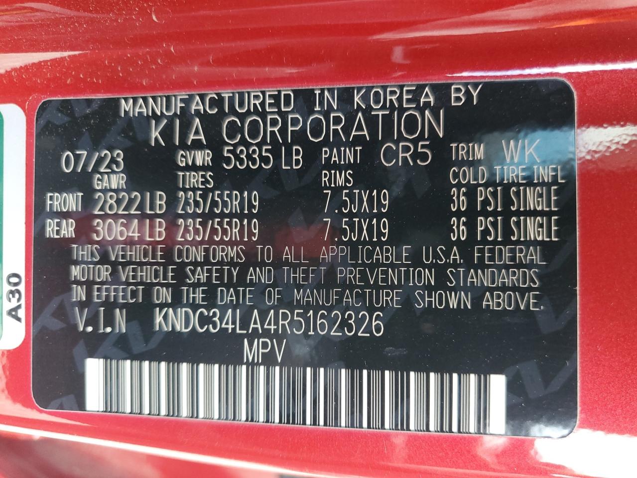 2024 Kia Ev6 Light VIN: KNDC34LA4R5162326 Lot: 65474275