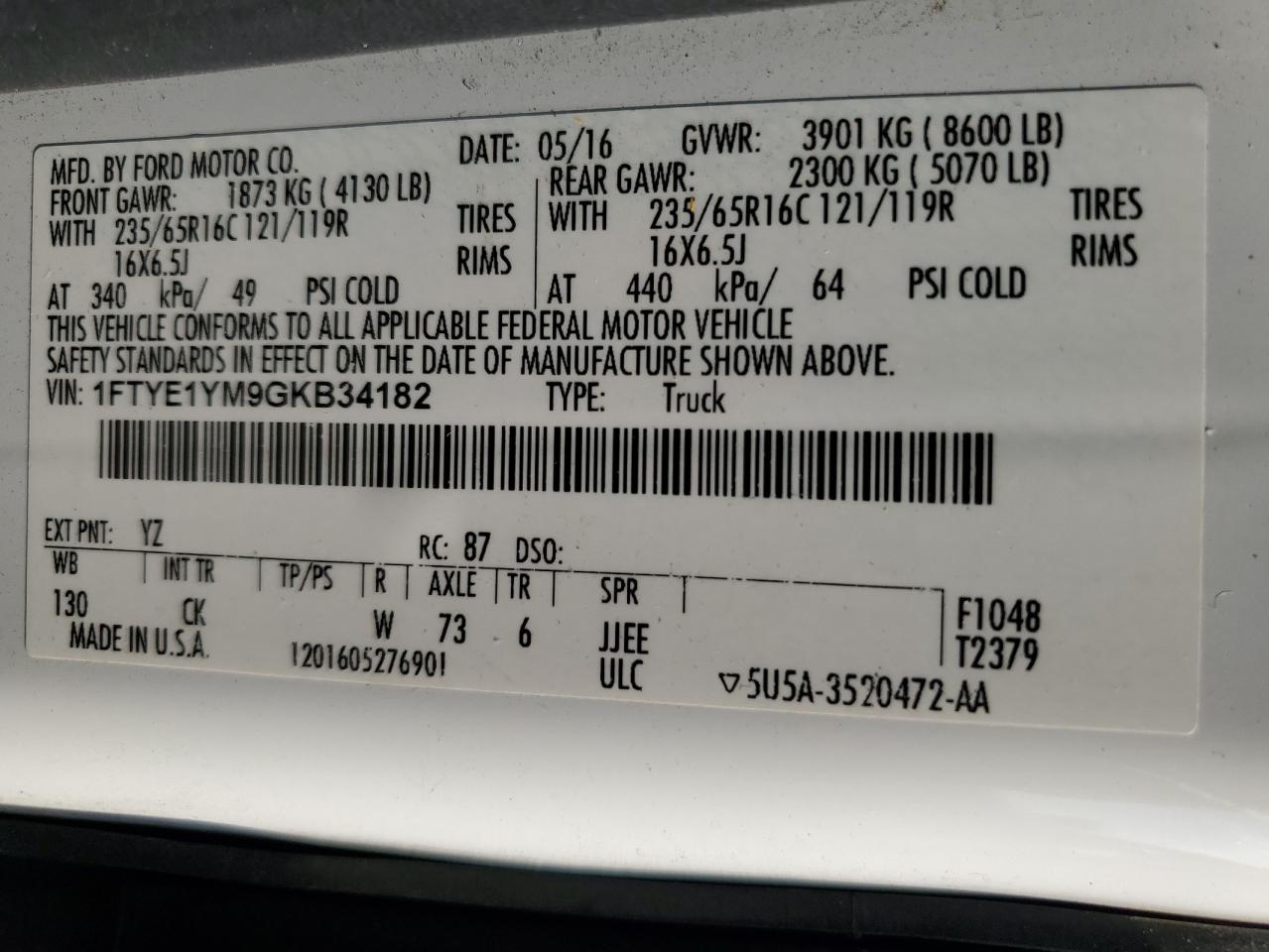 2016 Ford Transit T-150 VIN: 1FTYE1YM9GKB34182 Lot: 65035115