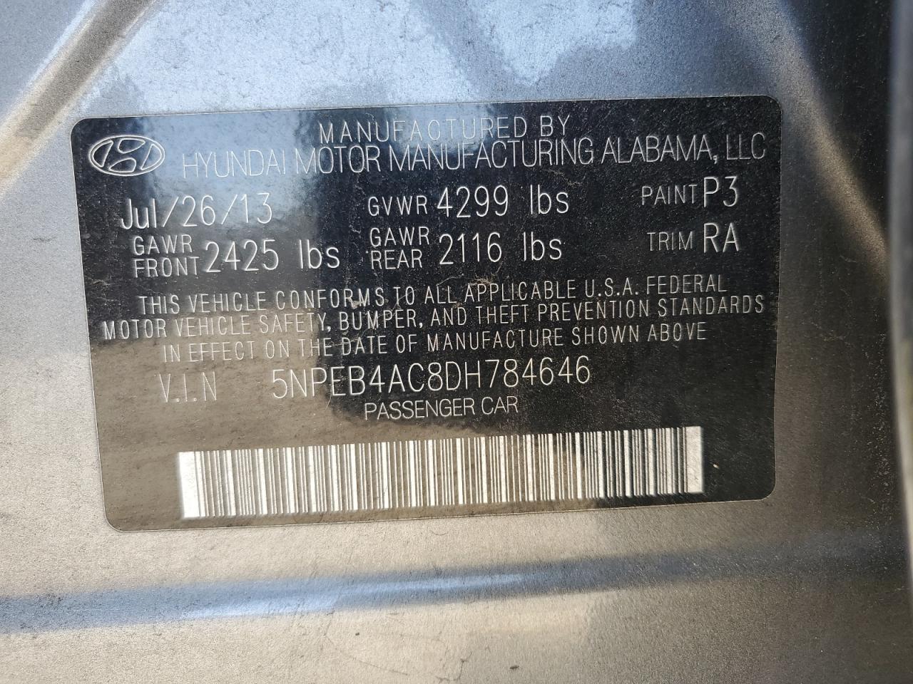 2013 Hyundai Sonata Gls VIN: 5NPEB4AC8DH784646 Lot: 63689975