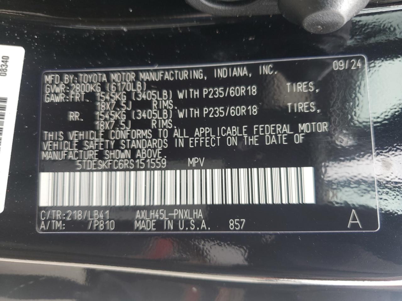 2024 Toyota Sienna Limited VIN: 5TDESKFC6RS151559 Lot: 64242035