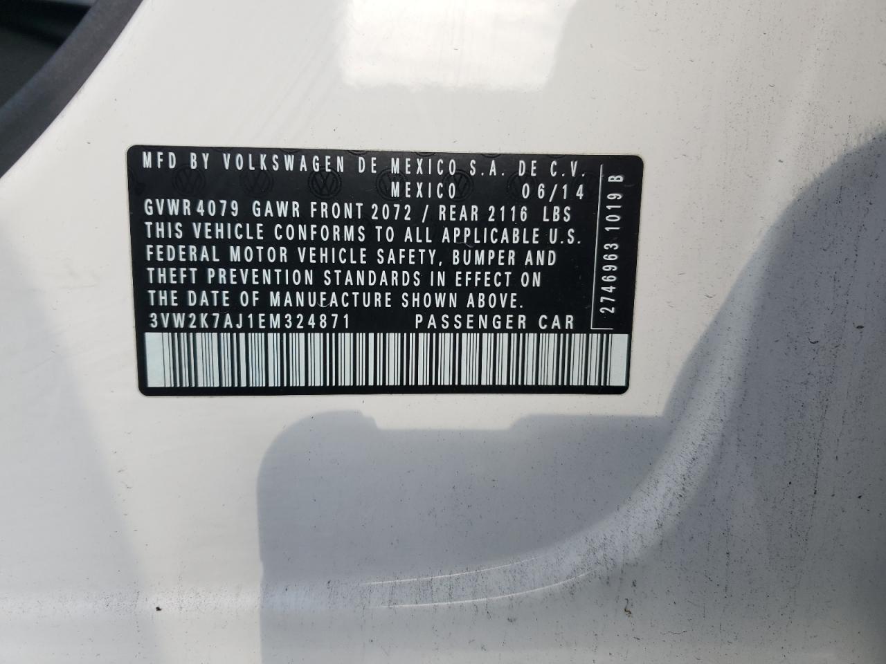 2014 Volkswagen Jetta Base VIN: 3VW2K7AJ1EM324871 Lot: 65384125