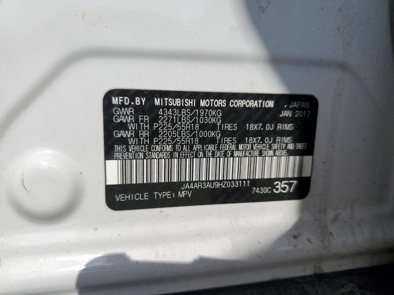 2017 Mitsubishi Outlander Sport Es VIN: JA4AR3AU9HZ033111 Lot: 62508515