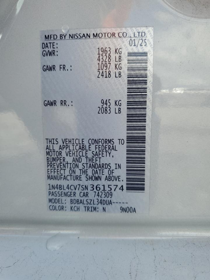 2025 Nissan Altima Sr VIN: 1N4BL4CV7SN361574 Lot: 64958825
