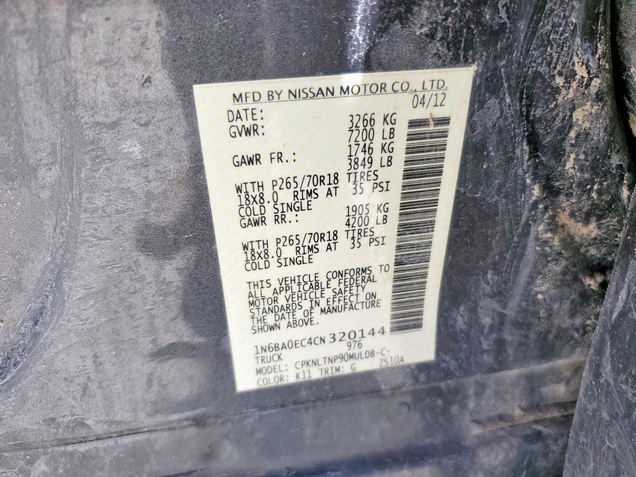 2012 Nissan Titan S VIN: 1N6BA0EC4CN320144 Lot: 63841505